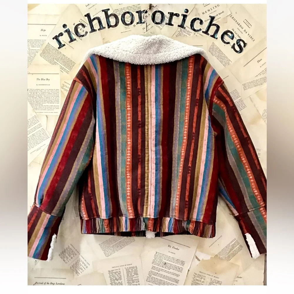 Free People We The Free Corrigan Cozy Cord Jacket Rainbow Stripe Faux Sherpa - Picture 6 of 7
